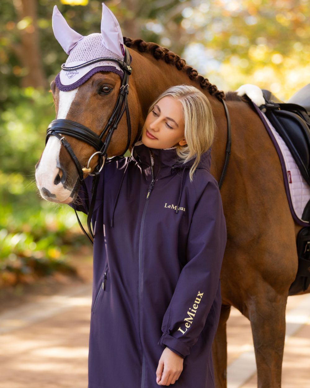 Juniper coloured LeMieux Womens HydroShield Robe Long Coat on tree background