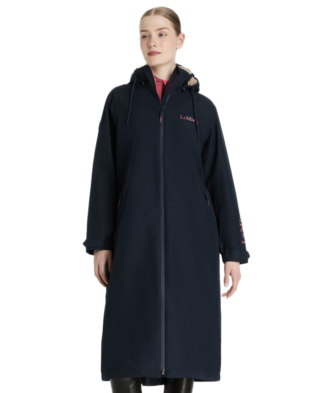 Navy coloured LeMieux Womens HydroShield Robe Long Coat on white background