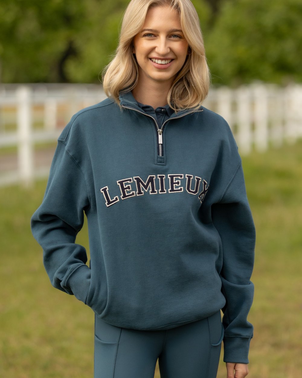 Jungle coloured LeMieux Womens Kelsie Quarter Neck Sweatshirt on outdoor background