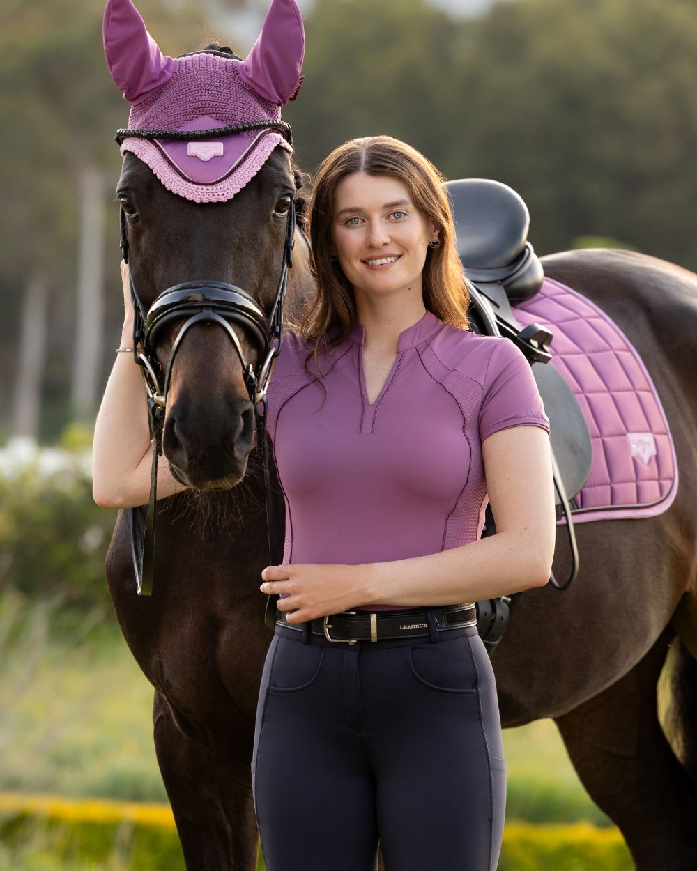 Mallow coloured LeMieux Womens Lisa Mesh Base Layer on outdoor background