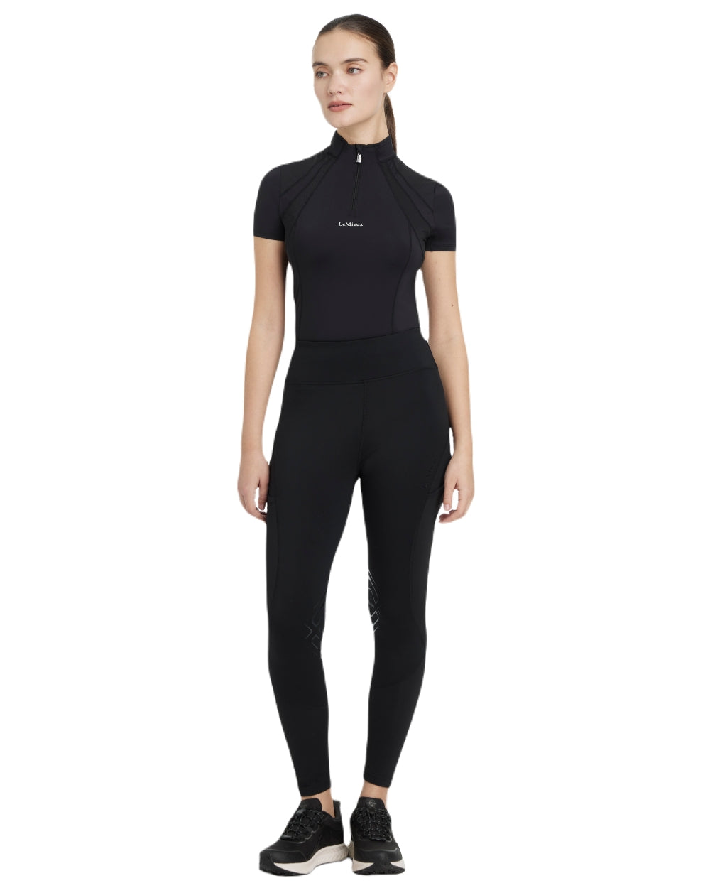 Black coloured LeMieux Womens Lydia Mesh Leggings on white background
