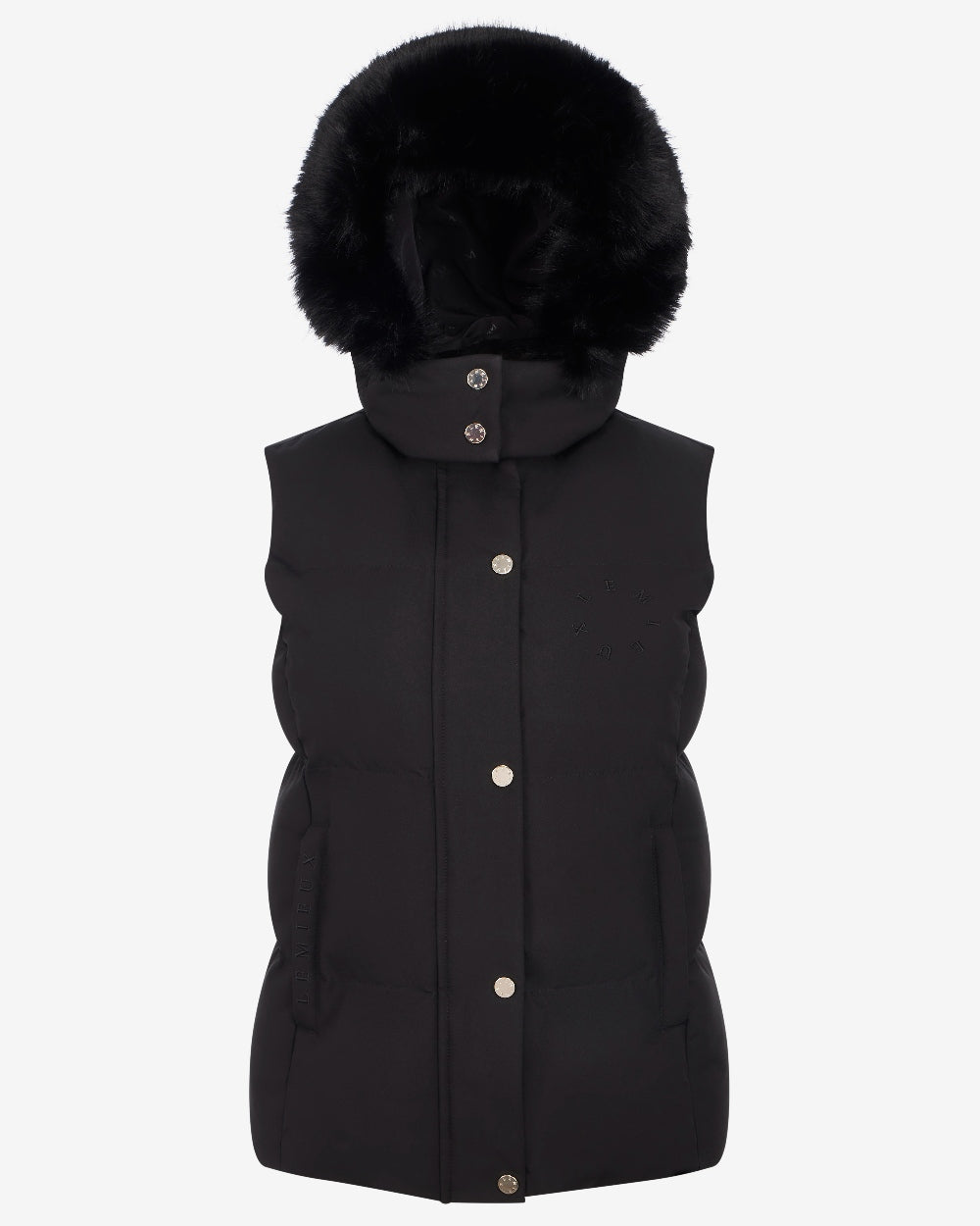 Black Coloured LeMieux Womens Margot Hooded Gilet on White Background