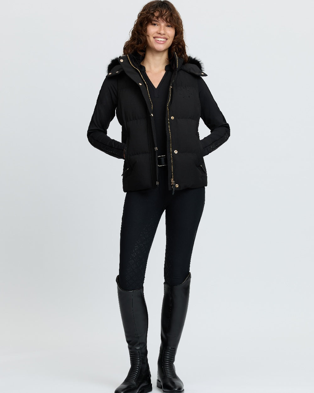Black Coloured LeMieux Womens Margot Hooded Gilet on White Background