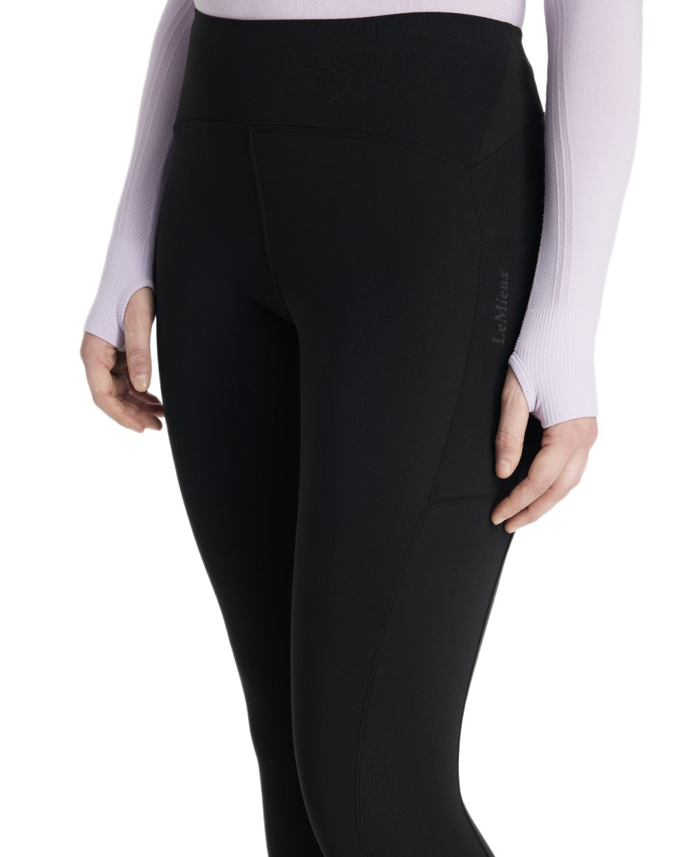 Black coloured LeMieux Womens Natalie Brushed Pull On Breeches on white background