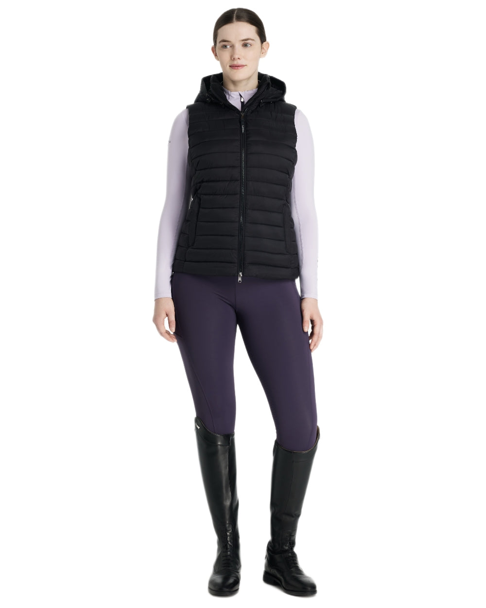 Black coloured LeMieux Womens Rose Hooded Puffer Gilet on white background