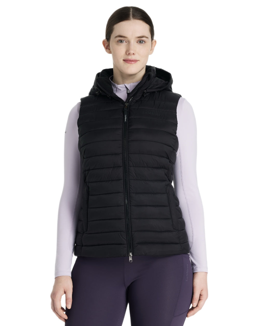 Black coloured LeMieux Womens Rose Hooded Puffer Gilet on white background