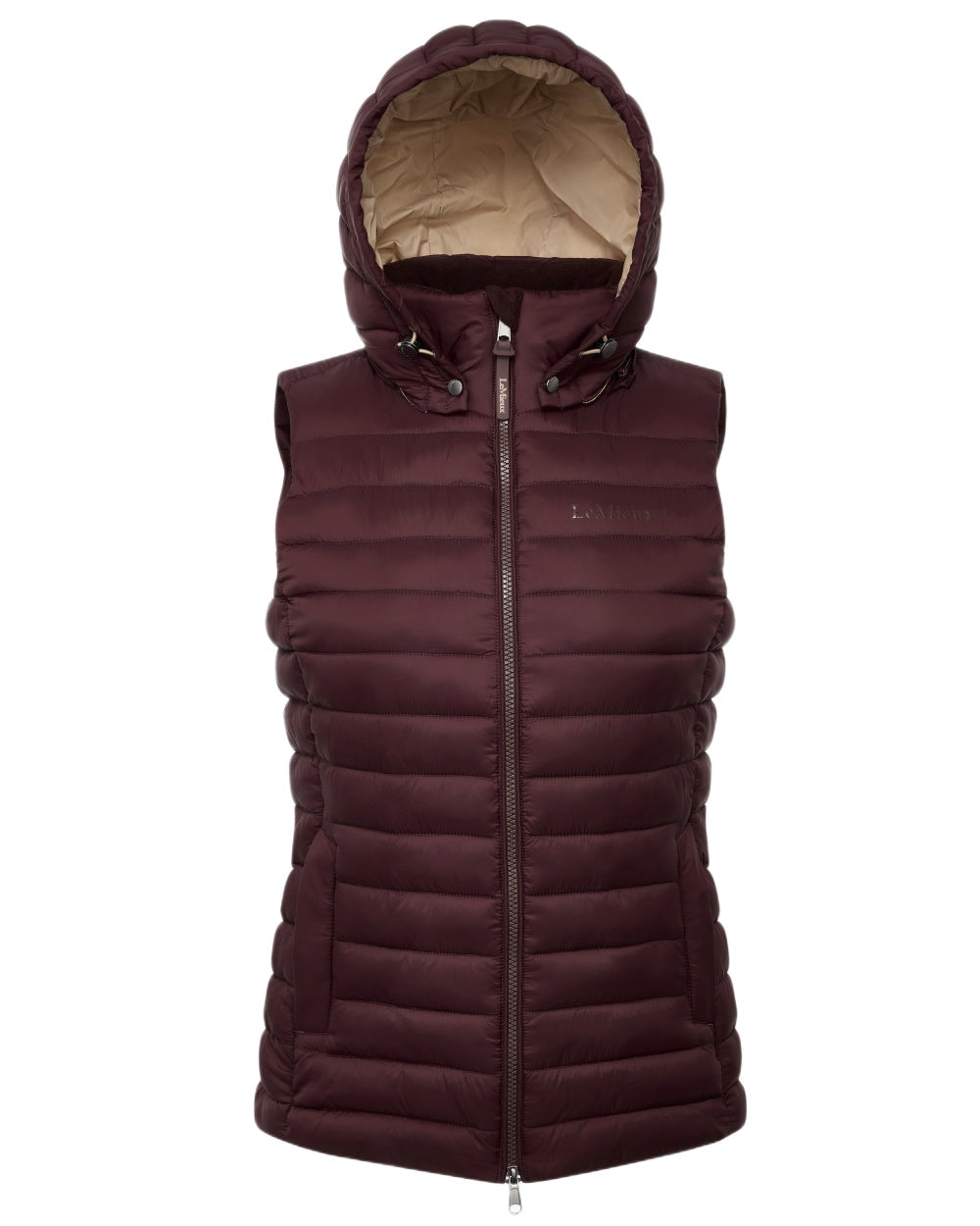 Damson coloured LeMieux Womens Rose Hooded Puffer Gilet on white background