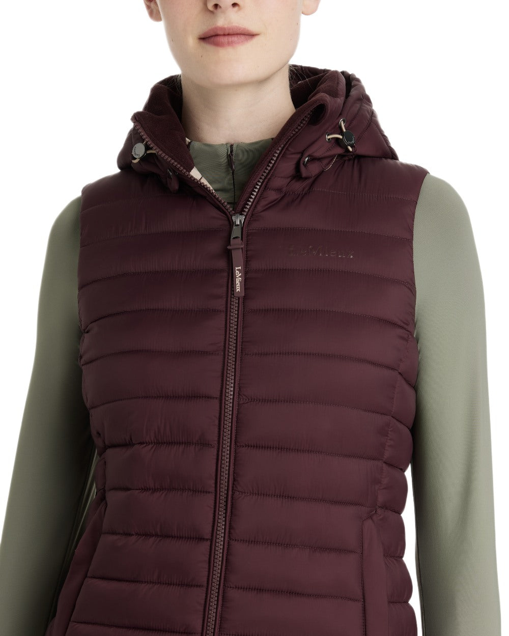 Damson coloured LeMieux Womens Rose Hooded Puffer Gilet on white background