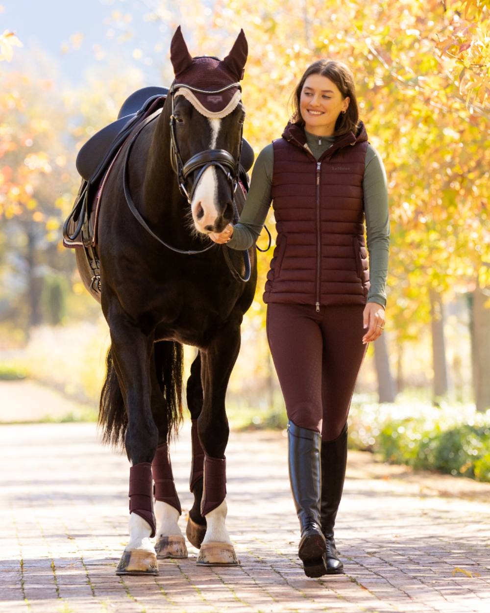 Damson coloured LeMieux Womens Rose Hooded Puffer Gilet on tree background