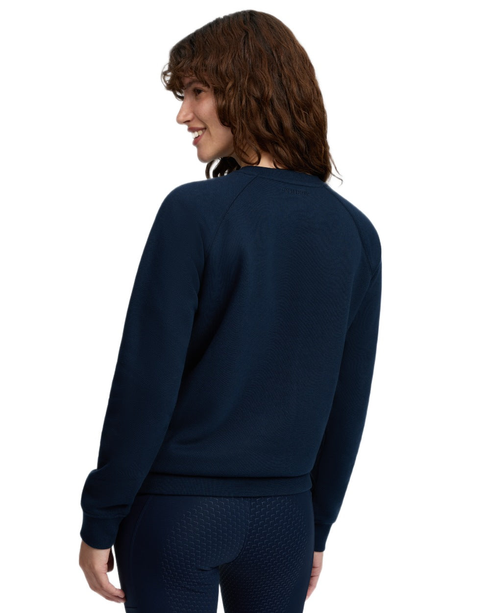 Navy coloured LeMieux Womens Vida Varsity Crew Neck Sweatshirt on white background