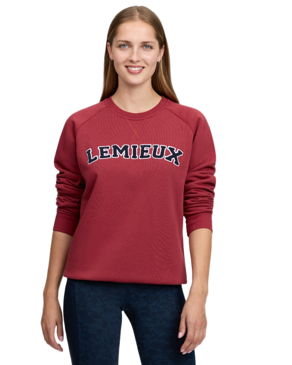 Russet coloured LeMieux Womens Vida Varsity Crew Neck Sweatshirt on white background