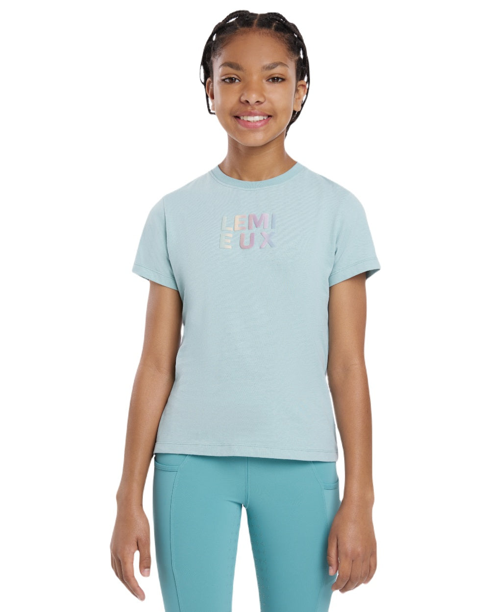 Aqua coloured LeMieux Young Rider Arianna T-Shirt on white background