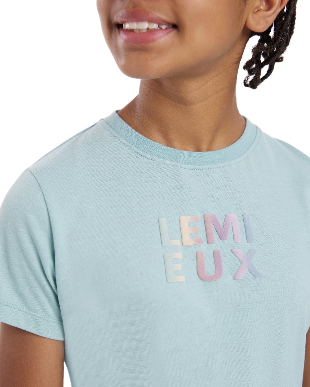 Aqua coloured LeMieux Young Rider Arianna T-Shirt on white background