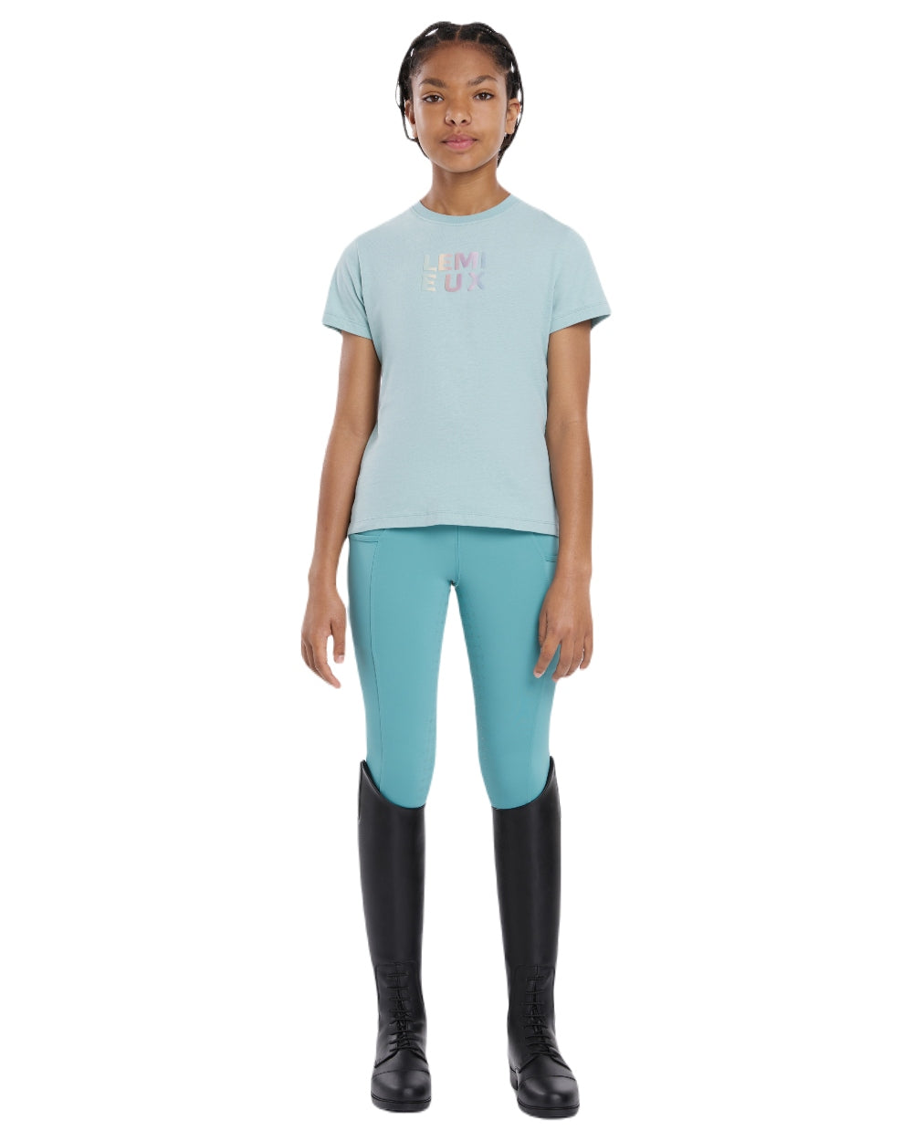 Aqua coloured LeMieux Young Rider Arianna T-Shirt on white background