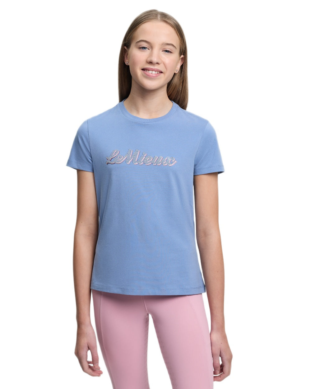 Powder Blue coloured LeMieux Young Rider Arianna Short Sleeve T-Shirt on white background