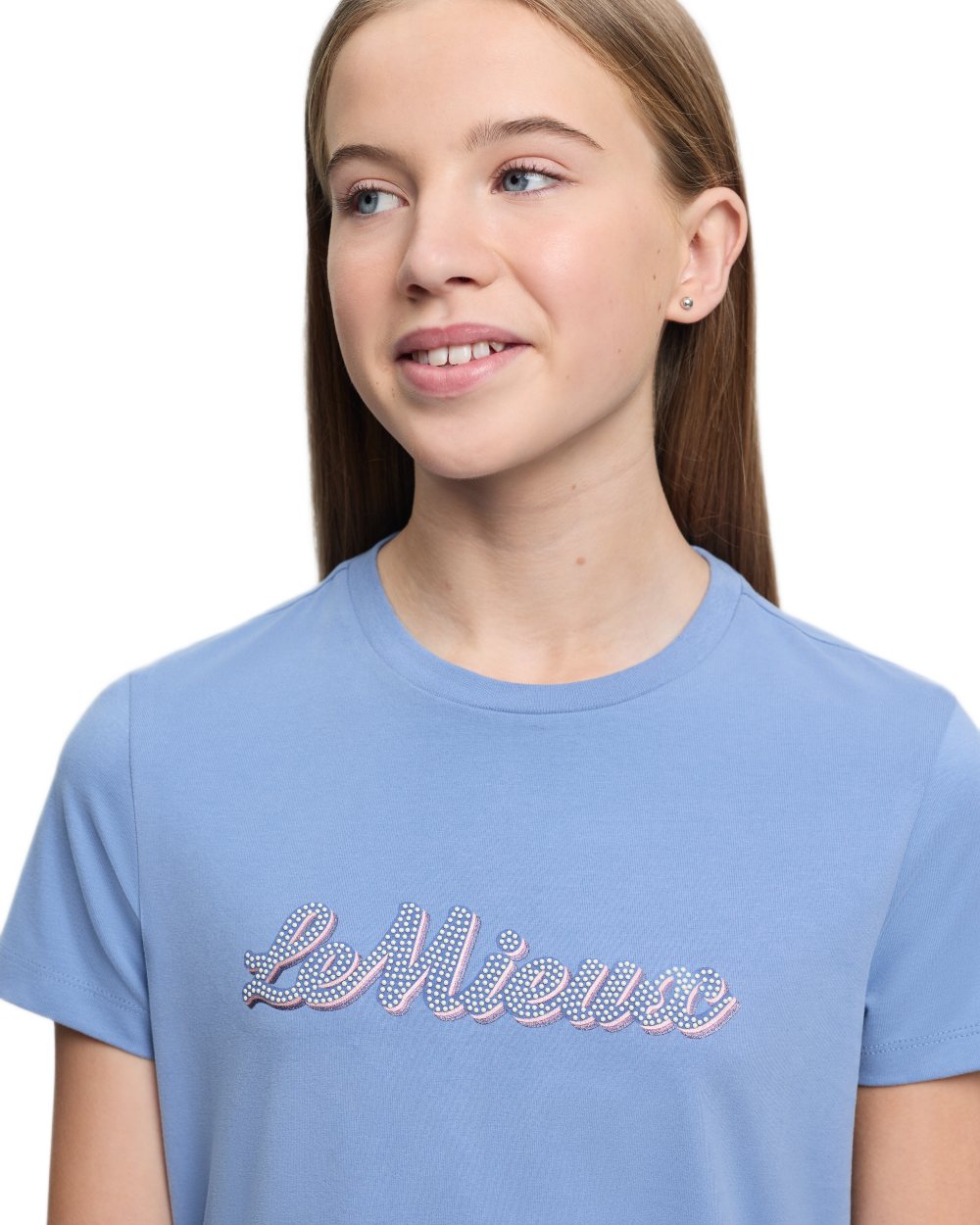 Powder Blue coloured LeMieux Young Rider Arianna Short Sleeve T-Shirt on white background