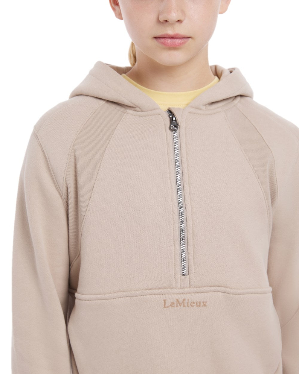 Almond coloured LeMieux Young Rider Harriet Pop Over Hoodie on white background