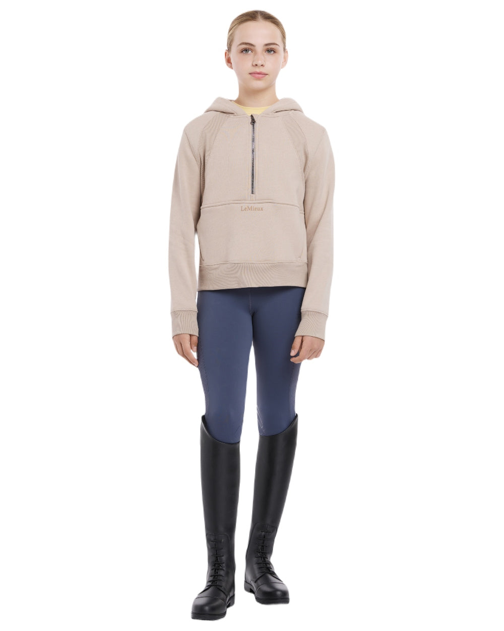 Almond coloured LeMieux Young Rider Harriet Pop Over Hoodie on white background