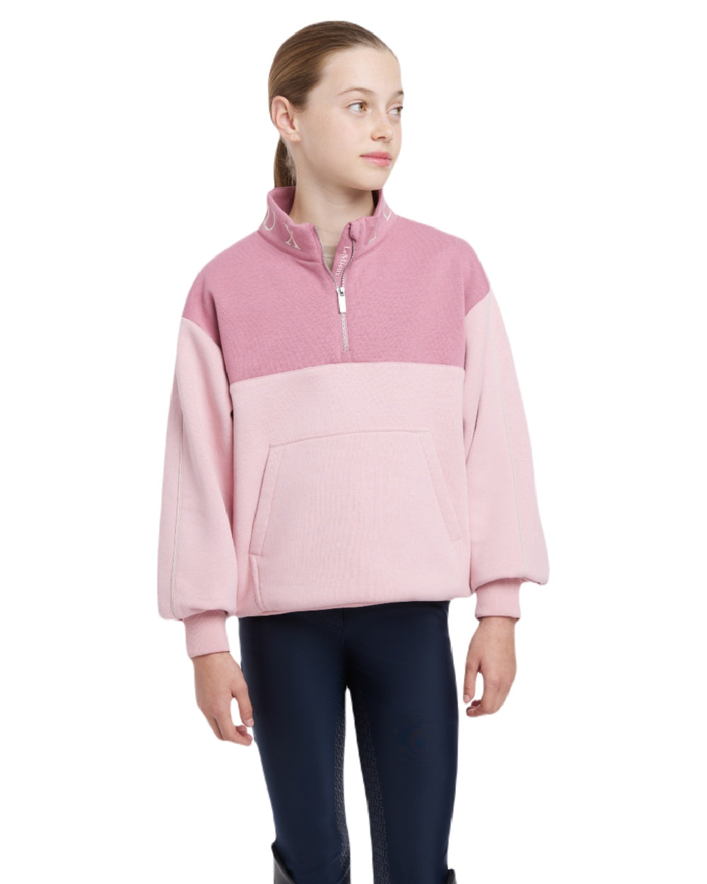 Blossom coloured LeMieux Young Rider Kate Quarter Zip Sweater on white background