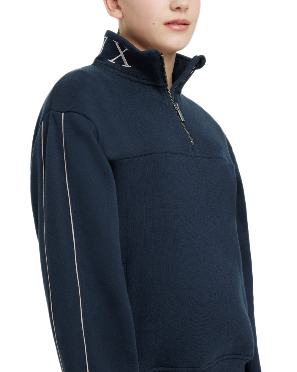 Navy coloured LeMieux Young Rider Kate Quarter Zip Sweater on white background