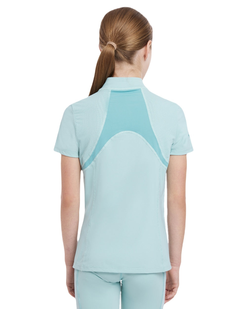 Aqua coloured LeMieux Young Rider Short Sleeve Mia Mesh Base Layer on white background