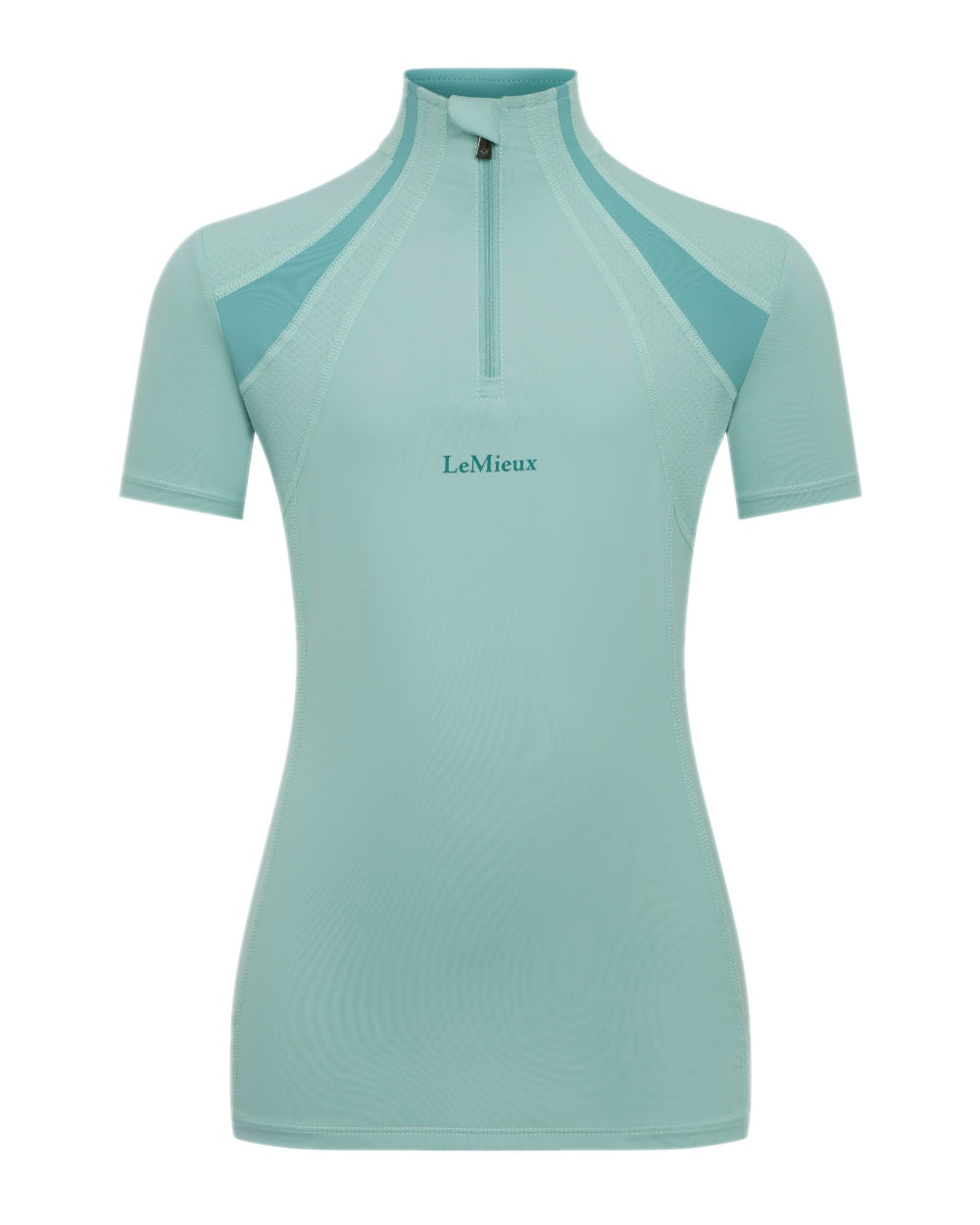 Aqua coloured LeMieux Young Rider Short Sleeve Mia Mesh Base Layer on white background