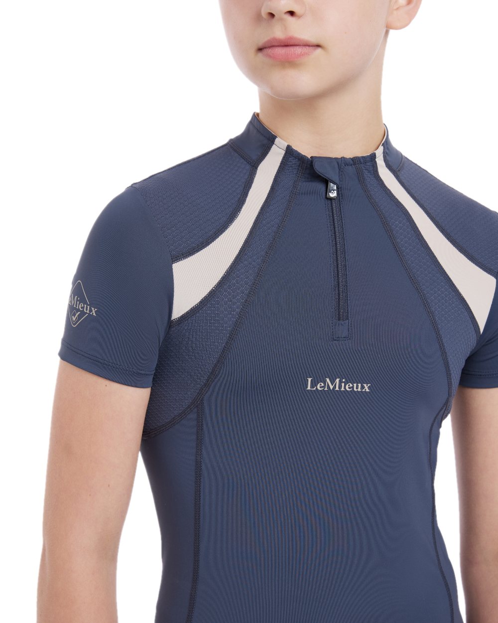 Dusk Blue coloured LeMieux Young Rider Short Sleeve Mia Mesh Base Layer on white background
