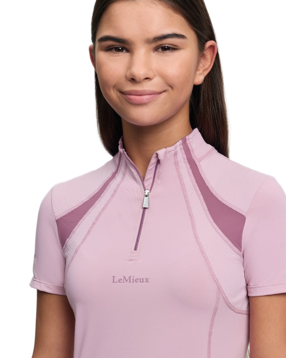 Fondant coloured LeMieux Young Rider Short Sleeve Mia Mesh Base Layer on white background