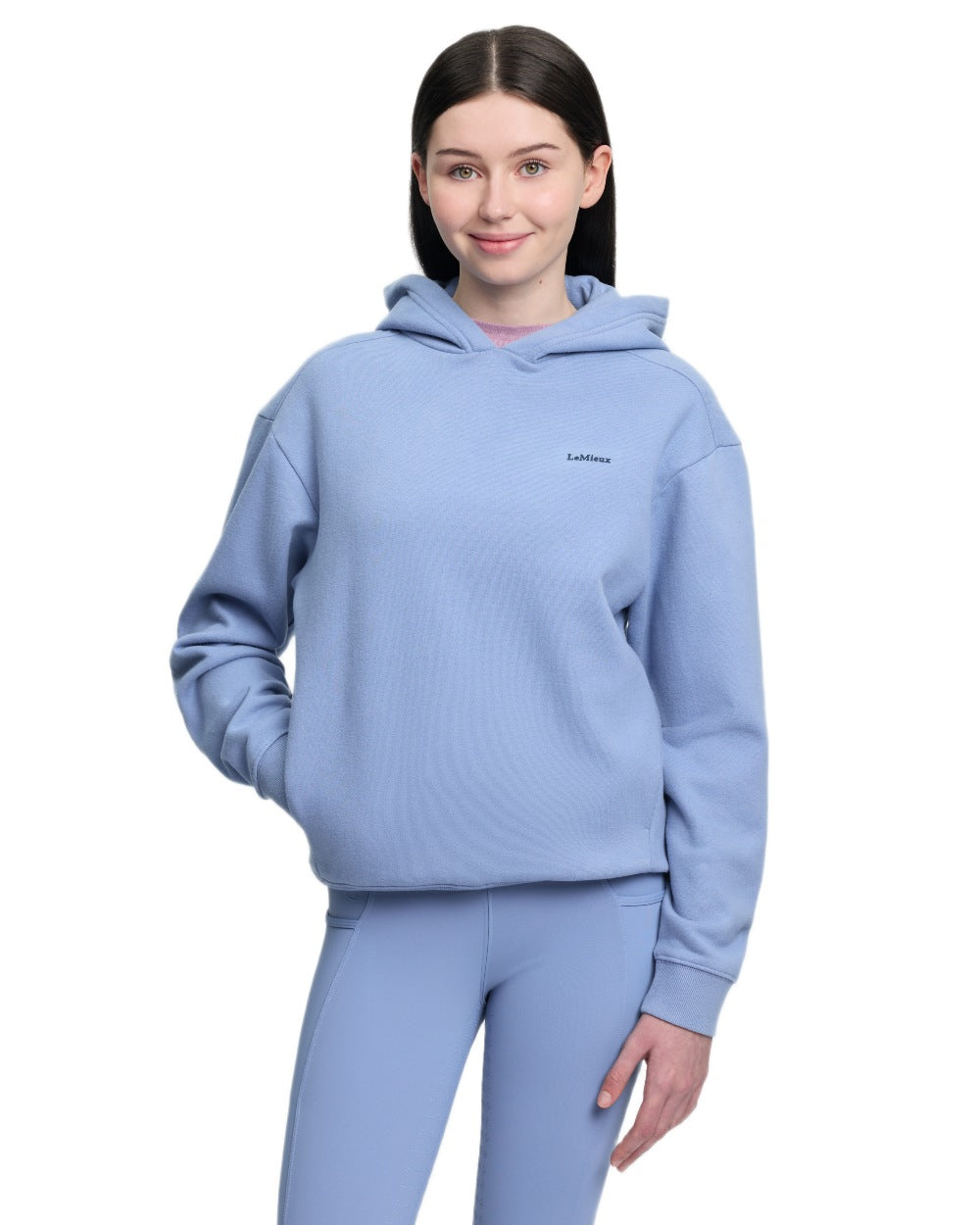 Powder Blue coloured LeMieux Young Rider Sia Hoodie on white background
