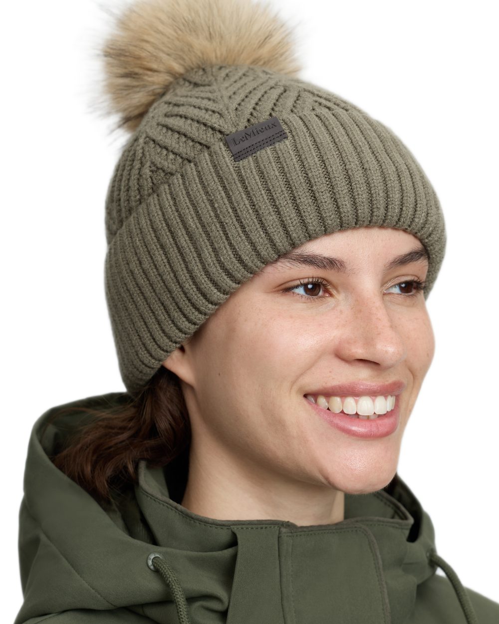 Willow Green coloured LeMieux Clara Knit Beanie on white background