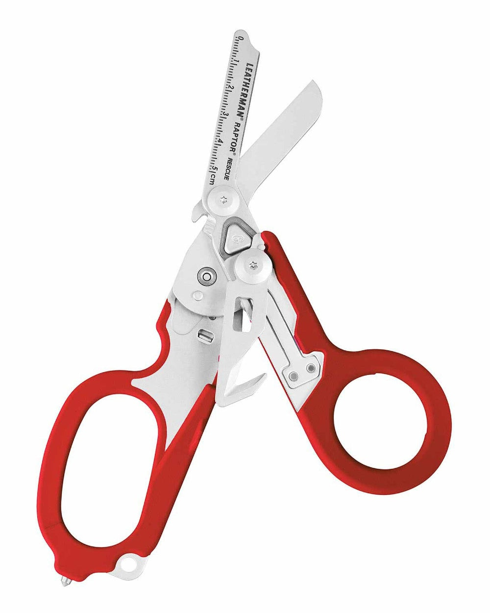 Red Coloured Leatherman Raptor Emergency Foldable Medical Shears On A White Background 