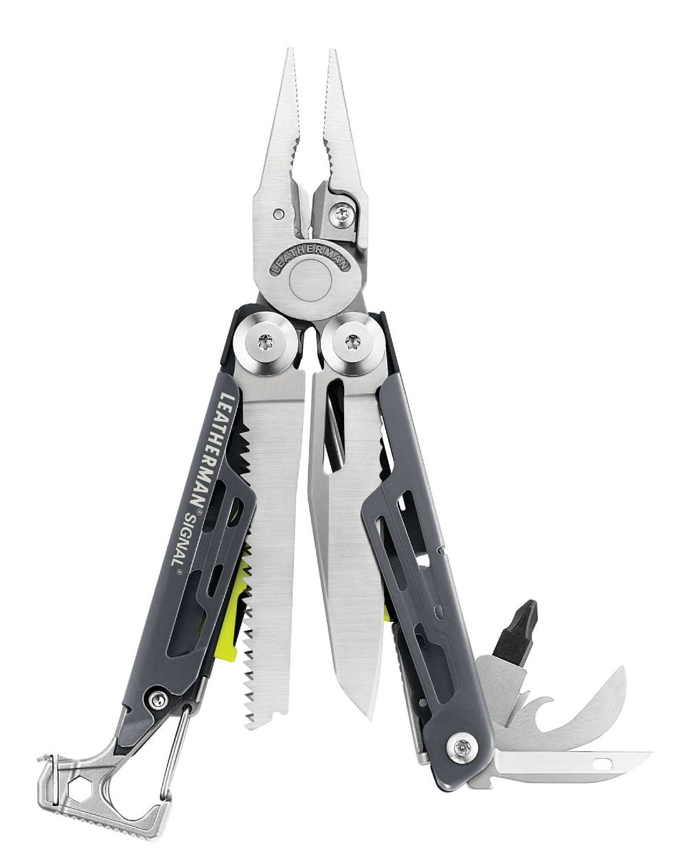 Grey Cerakote Coloured Leatherman Signal+ Multi-Tool W/ Nylon Sheath On A White Background