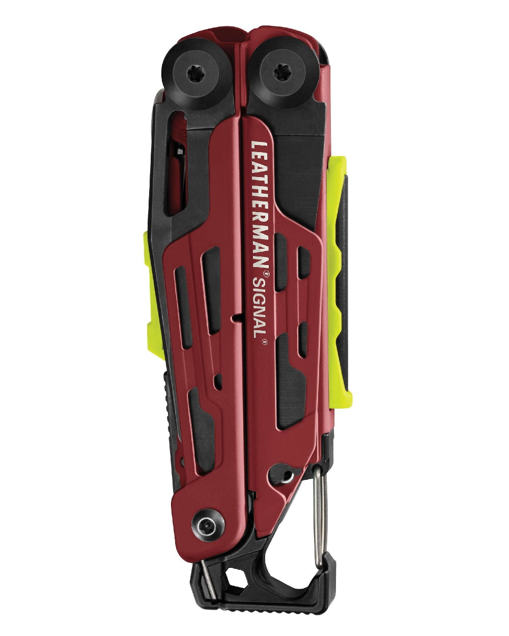 Red Cerakote Coloured Leatherman Signal+ Multi-Tool W/ Nylon Sheath On A White Background