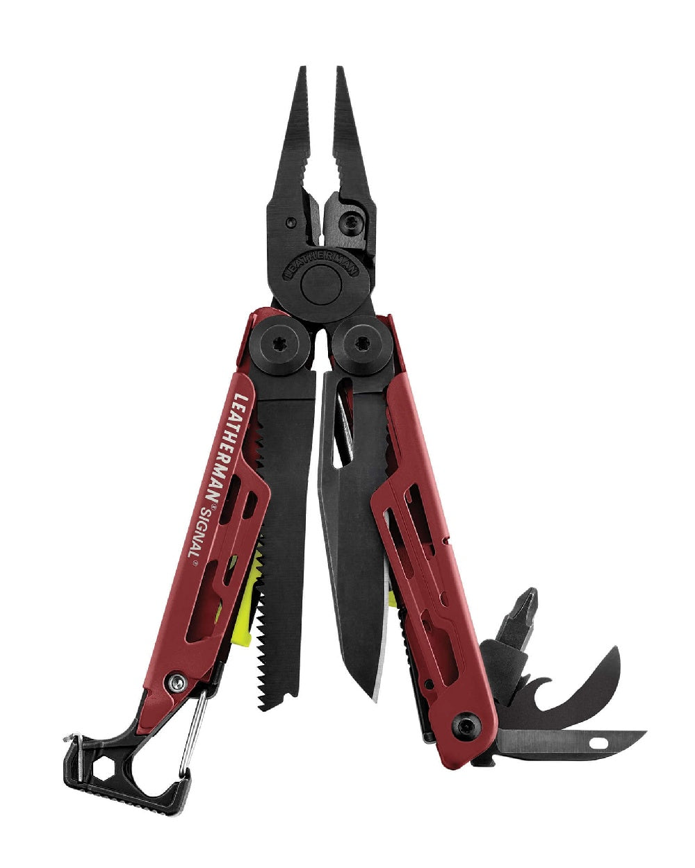 Red Cerakote Coloured Leatherman Signal+ Multi-Tool W/ Nylon Sheath On A White Background