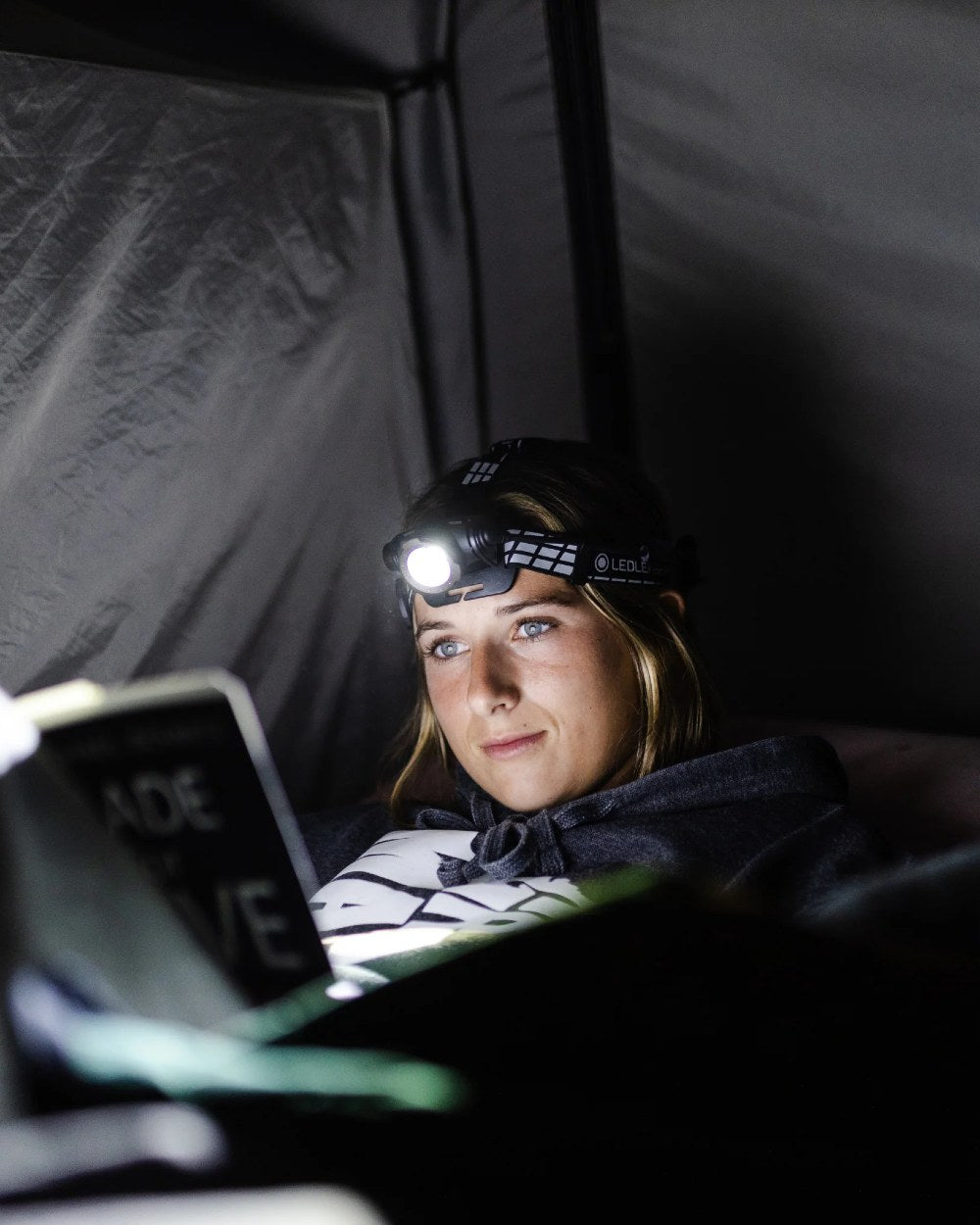 Black Coloured Led Lenser H7R Signature Rechargeable Head Torch on white background