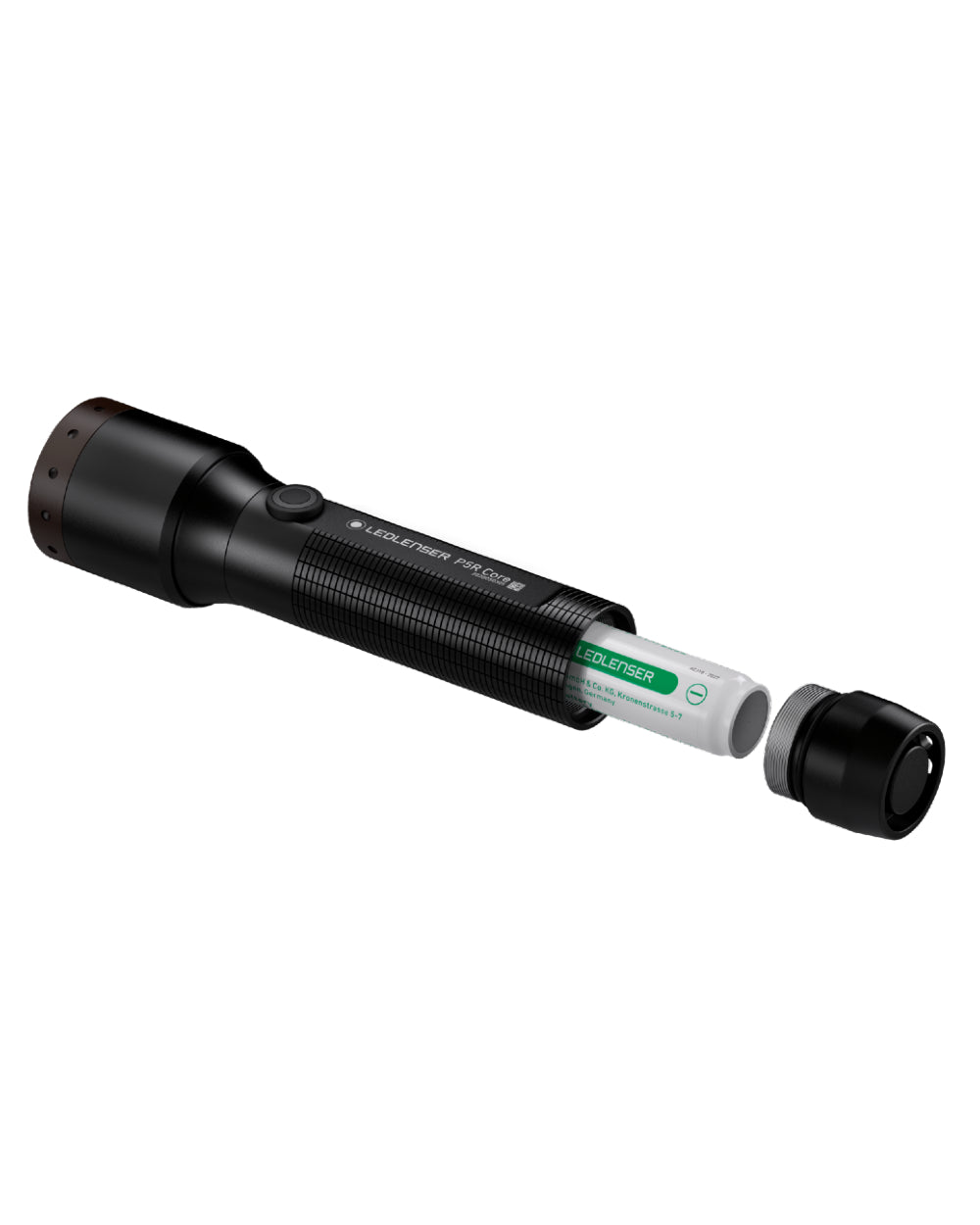 Black coloured Led Lenser P5R Core Rechargeable Torch on white background
