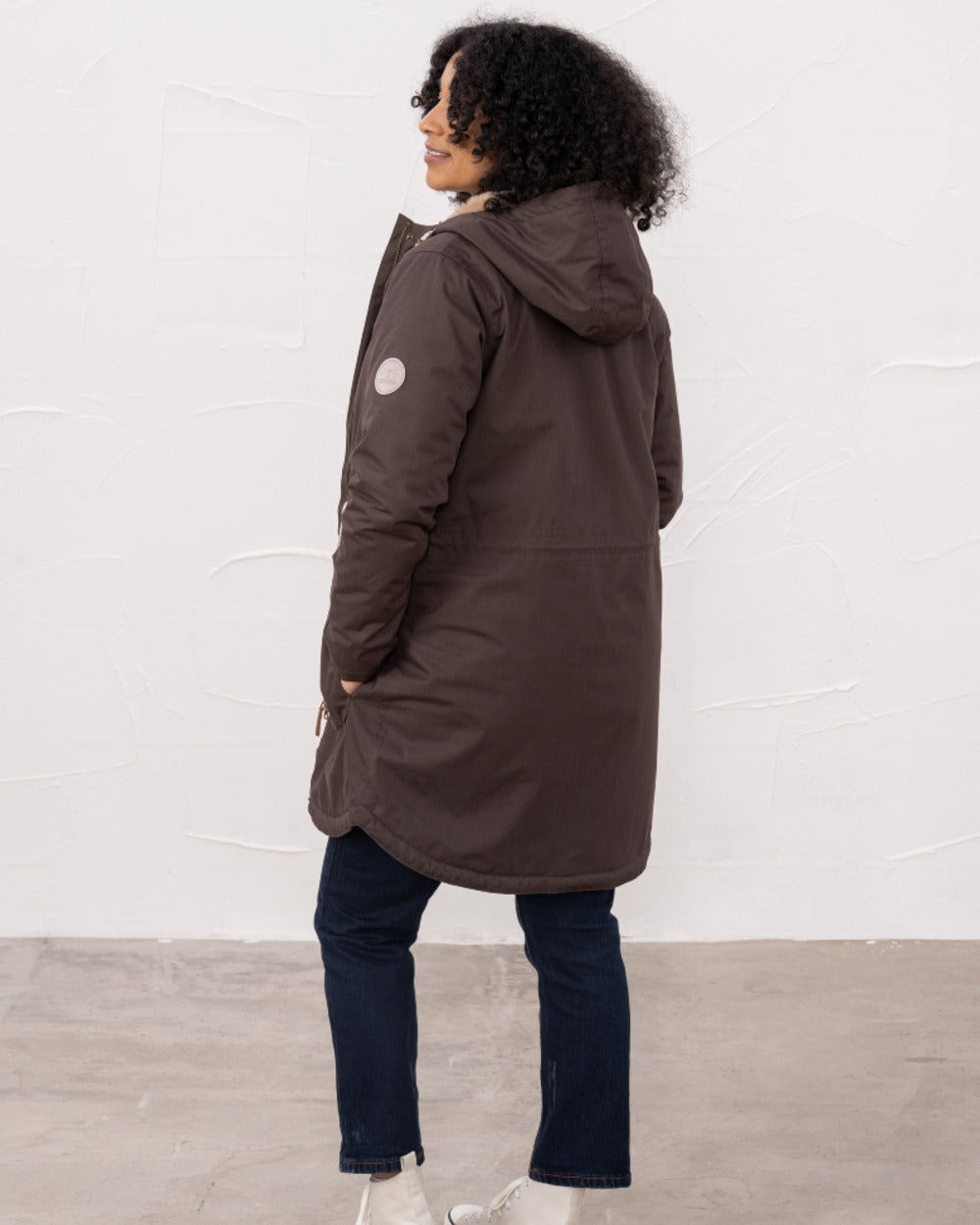 Cocoa coloured Lighthouse Isobel Ladies Coat on wall background