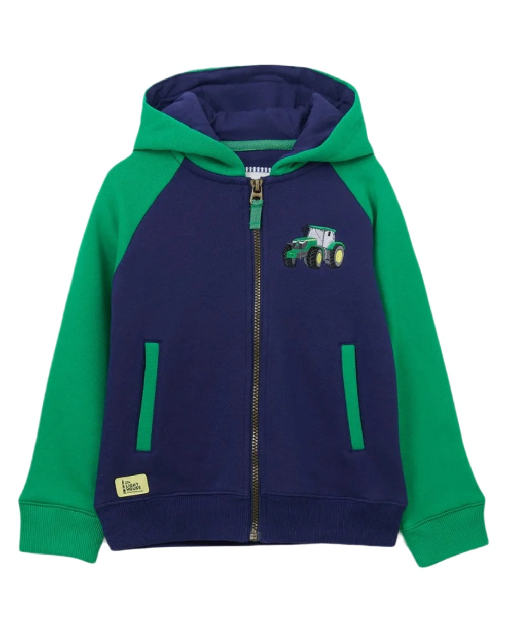 Green Tractor coloured Lighthouse Jackson Childrens Full Zip Hoodie on white background