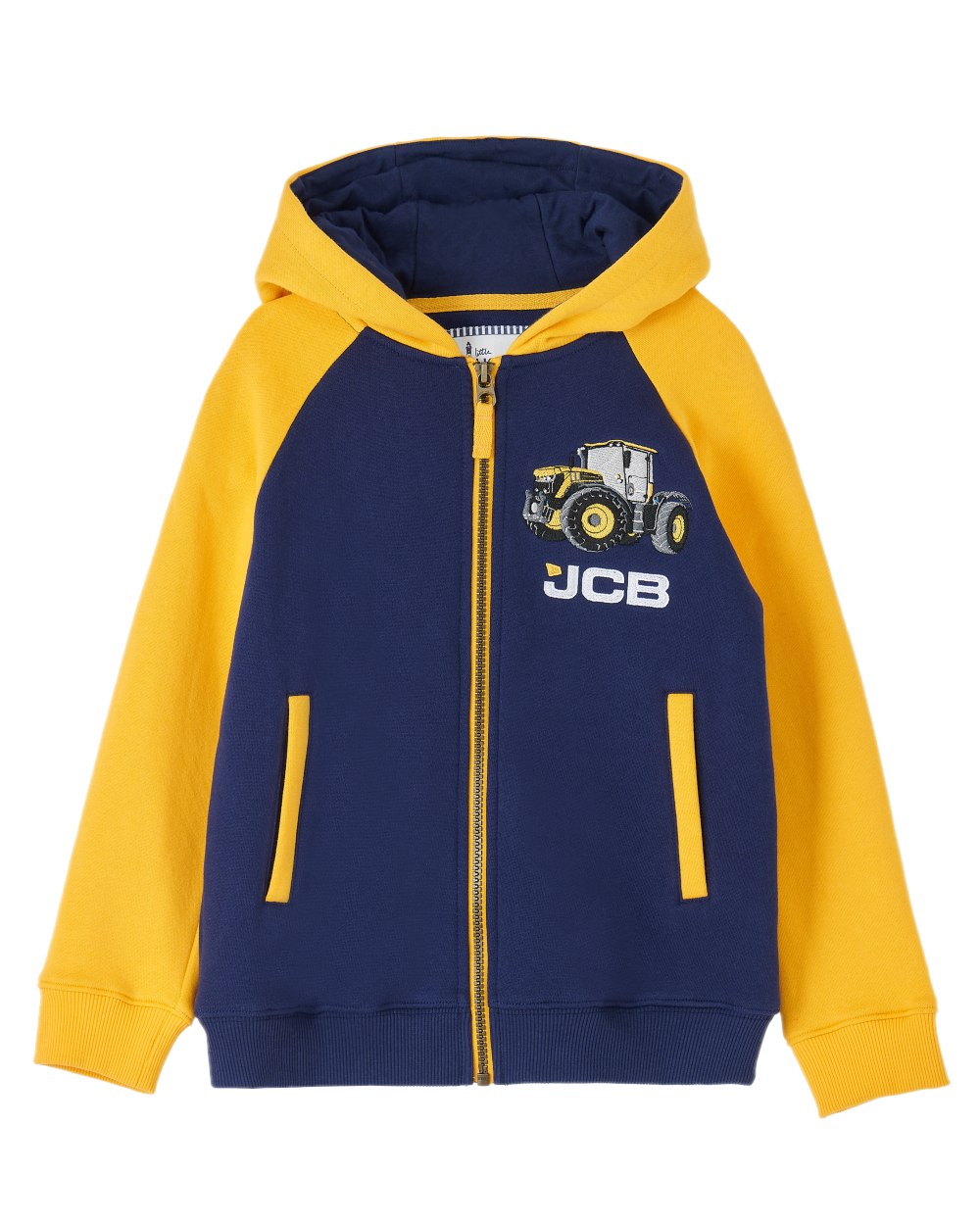 Navy JCB coloured Lighthouse Jackson Childrens Full Zip Hoodie on white background
