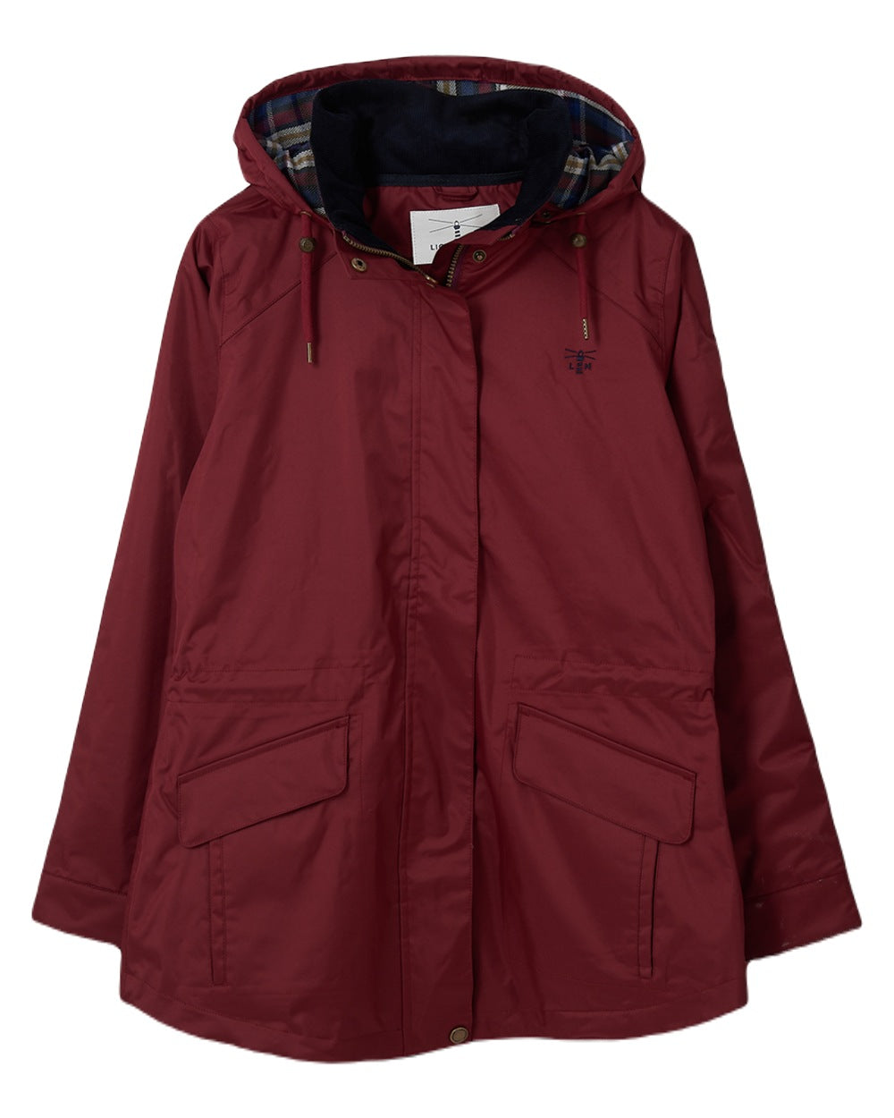 Berry coloured Lighthouse Kendal Waterproof Coat on wall background