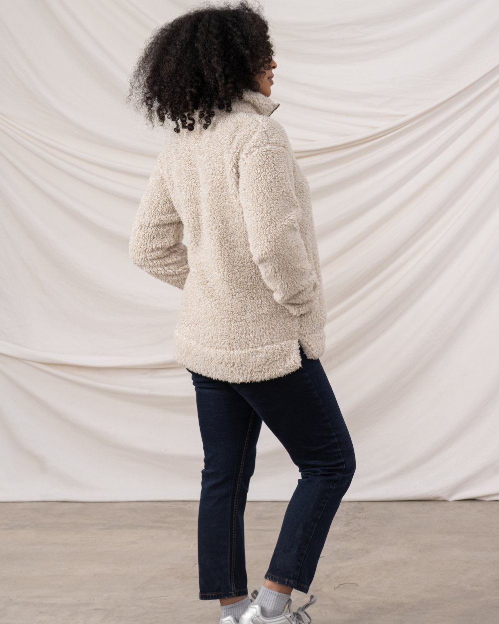 Irish Cream coloured Lighthouse Ladies Coast Half Zip Fleece Sweater on curtain background