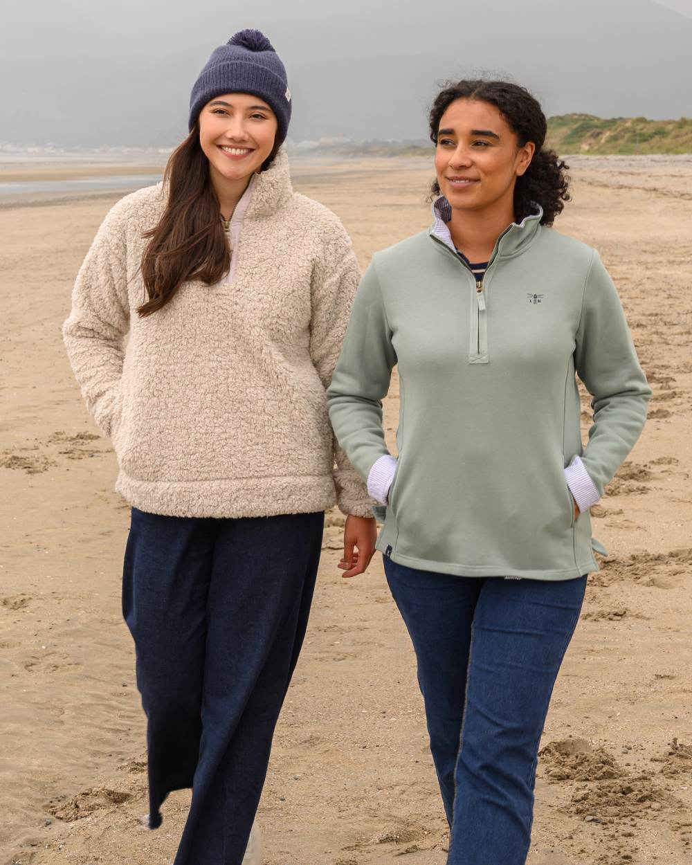Irish Cream coloured Lighthouse Ladies Coast Half Zip Fleece Sweater on sand background