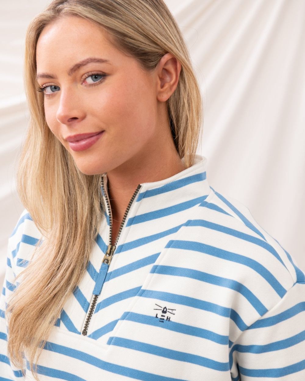 Marine Blue Stripe coloured Lighthouse Ladies Coral Jersey on curtain background
