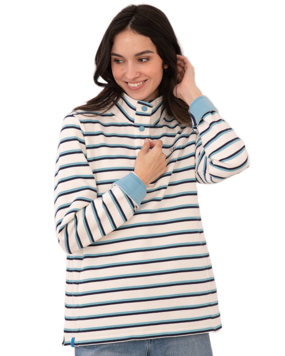 Blue Indigo Stripe coloured Lighthouse Ladies Haven II Jersey on white background