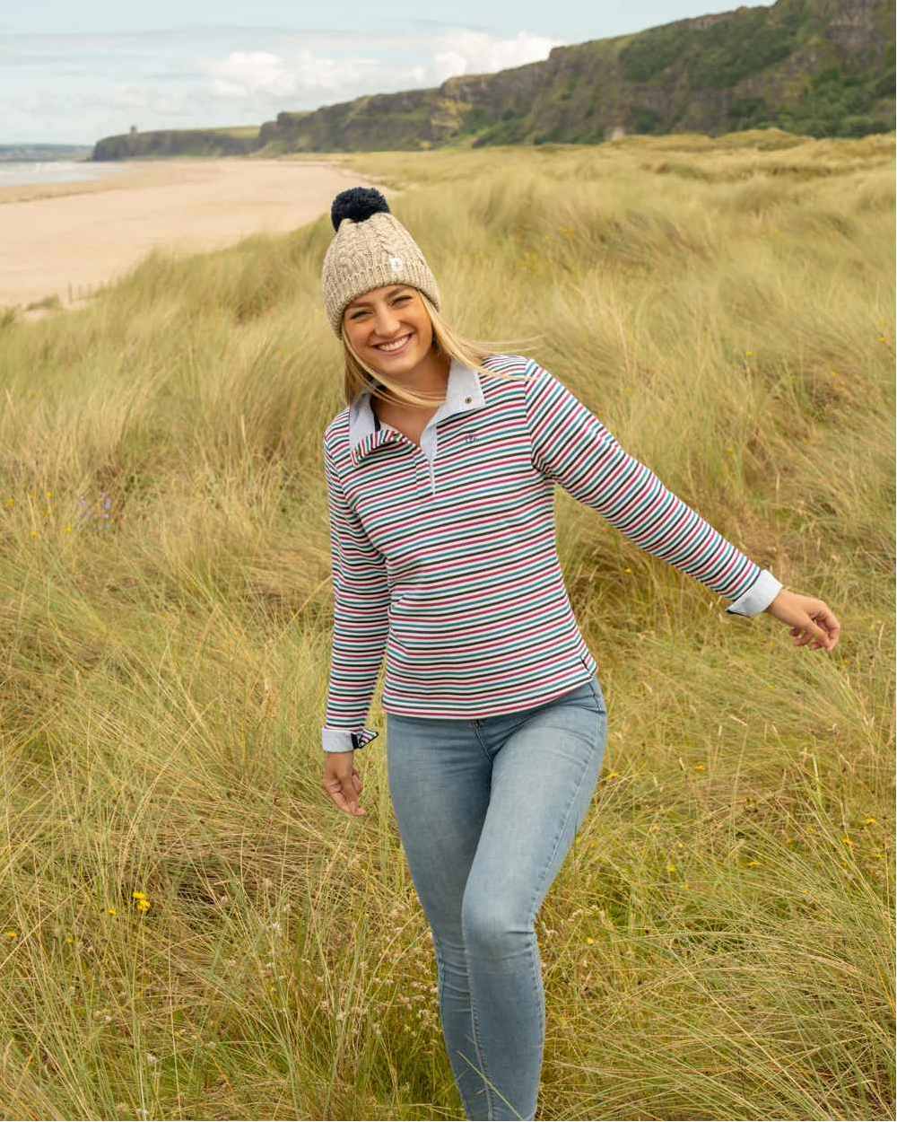 Berry Teal Stripe Coloured Lighthouse Ladies Haven Jersey Clearance on coastal background