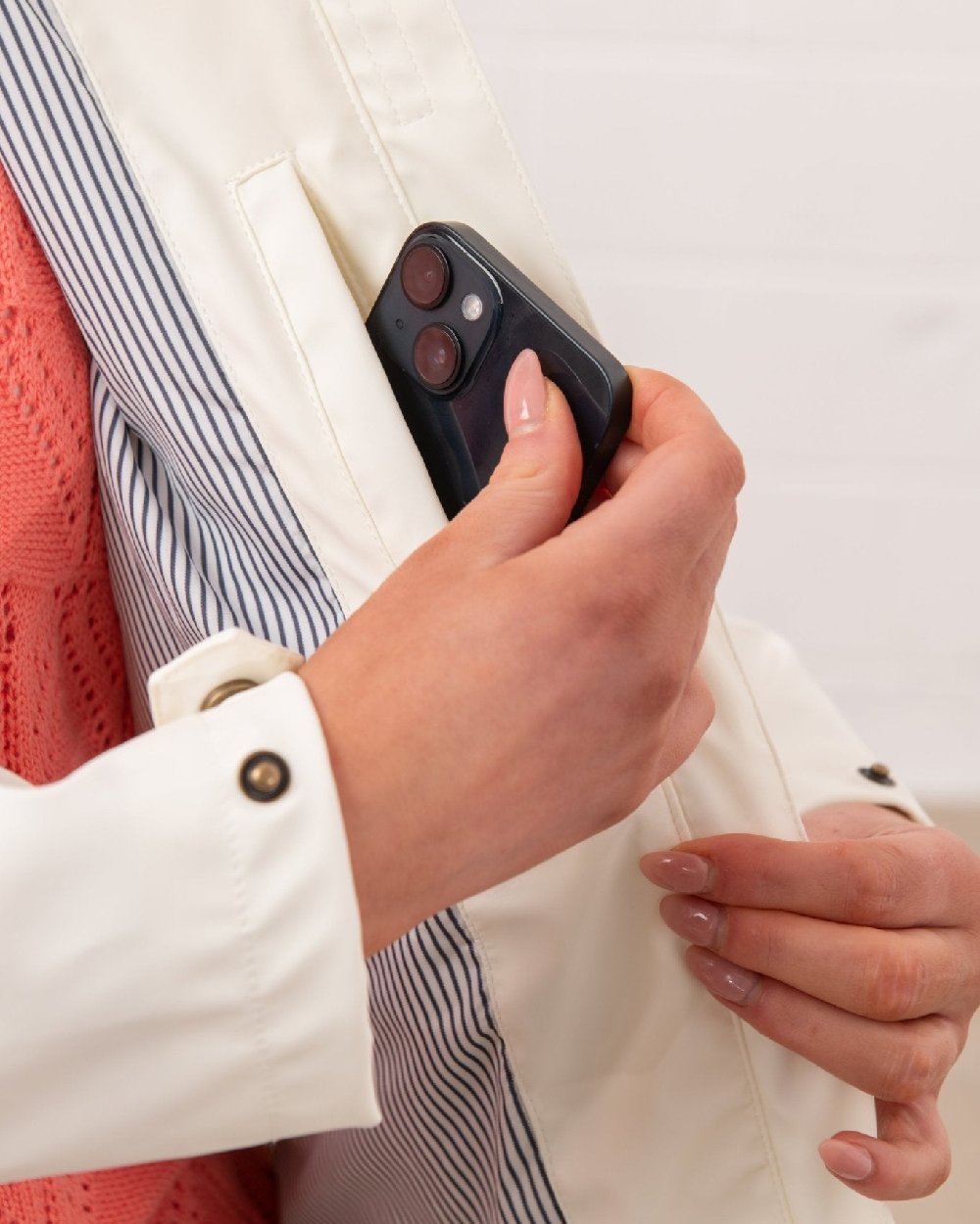 Coconut coloured Lighthouse Ladies Lucy Jacket on wall background