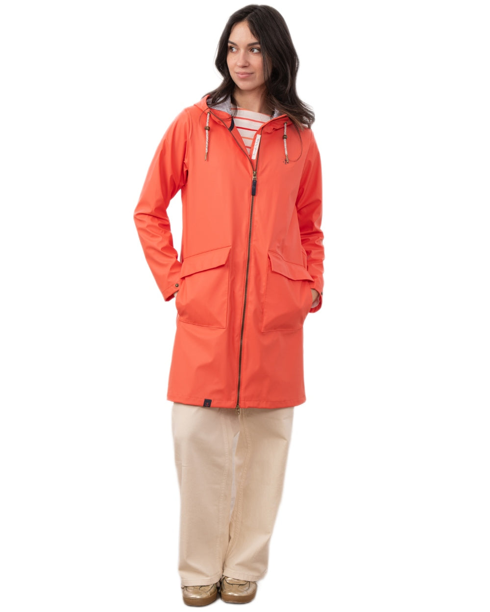 Coral coloured Lighthouse Ladies Lucy Long Coat on white background
