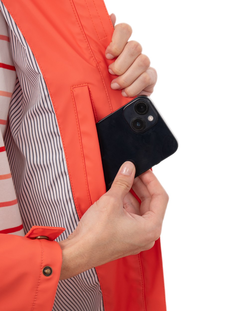 Coral coloured Lighthouse Ladies Lucy Long Coat on white background