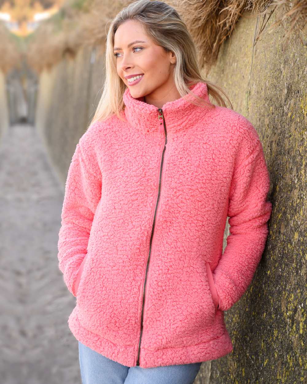 Sugar Coral coloured Lighthouse Ladies Seashell Full Zip Sherpa Fleece on street background