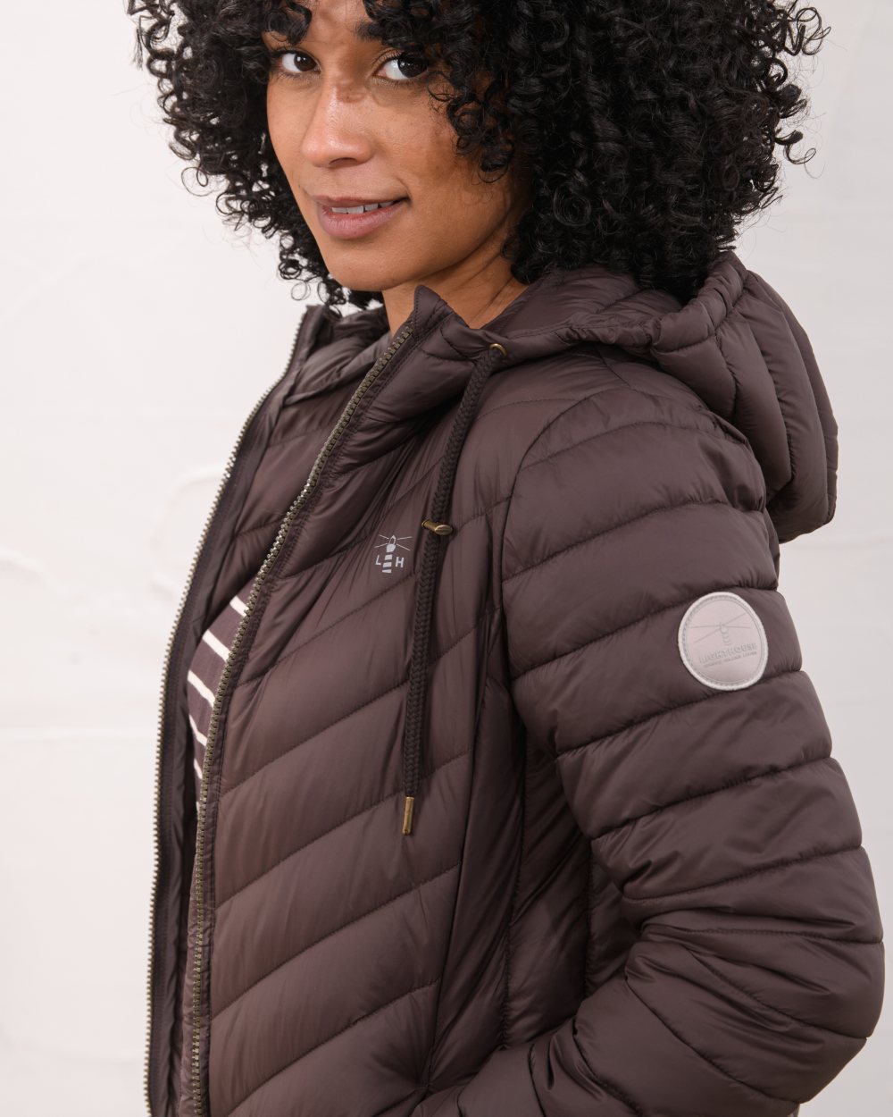 Cocoa Coloured Lighthouse Laurel Ladies Coat on wall background